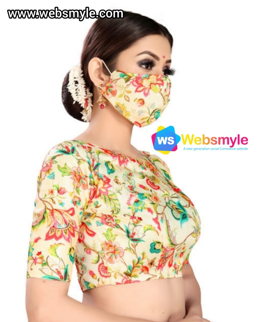 Women's Multi Digital Printed Saree Blouse with Boat Neck with (Complimentary Face Mask)
