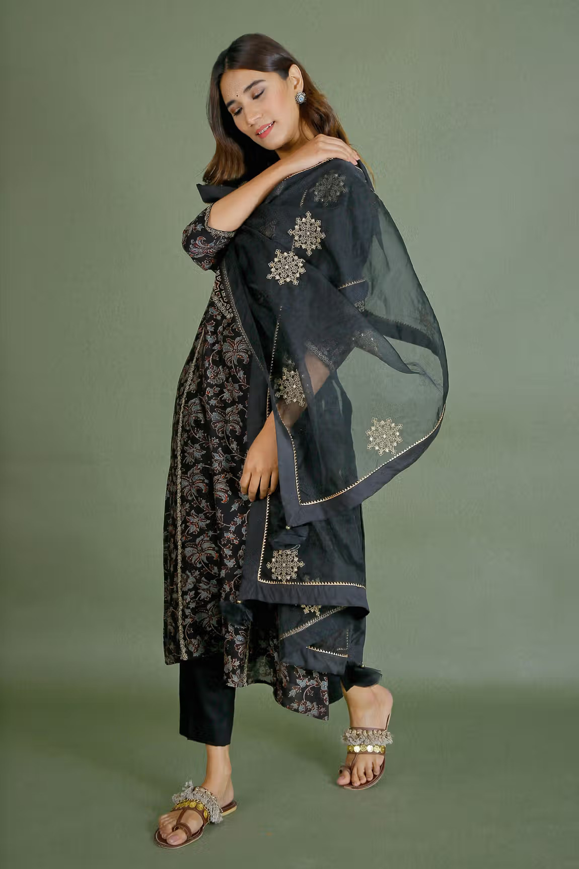 Black Chanderi Ajrakh Block Print Kurta Set