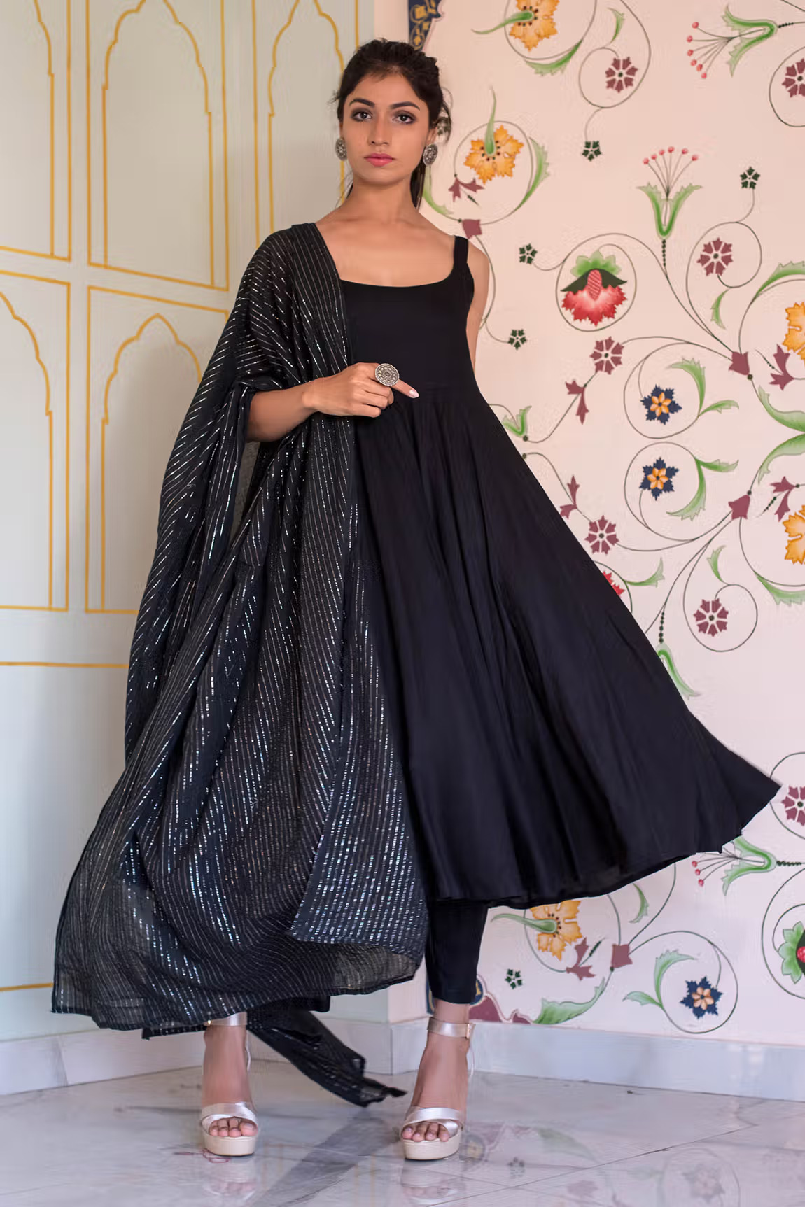 Black Cotton Rayon Panelled Anarkali Set