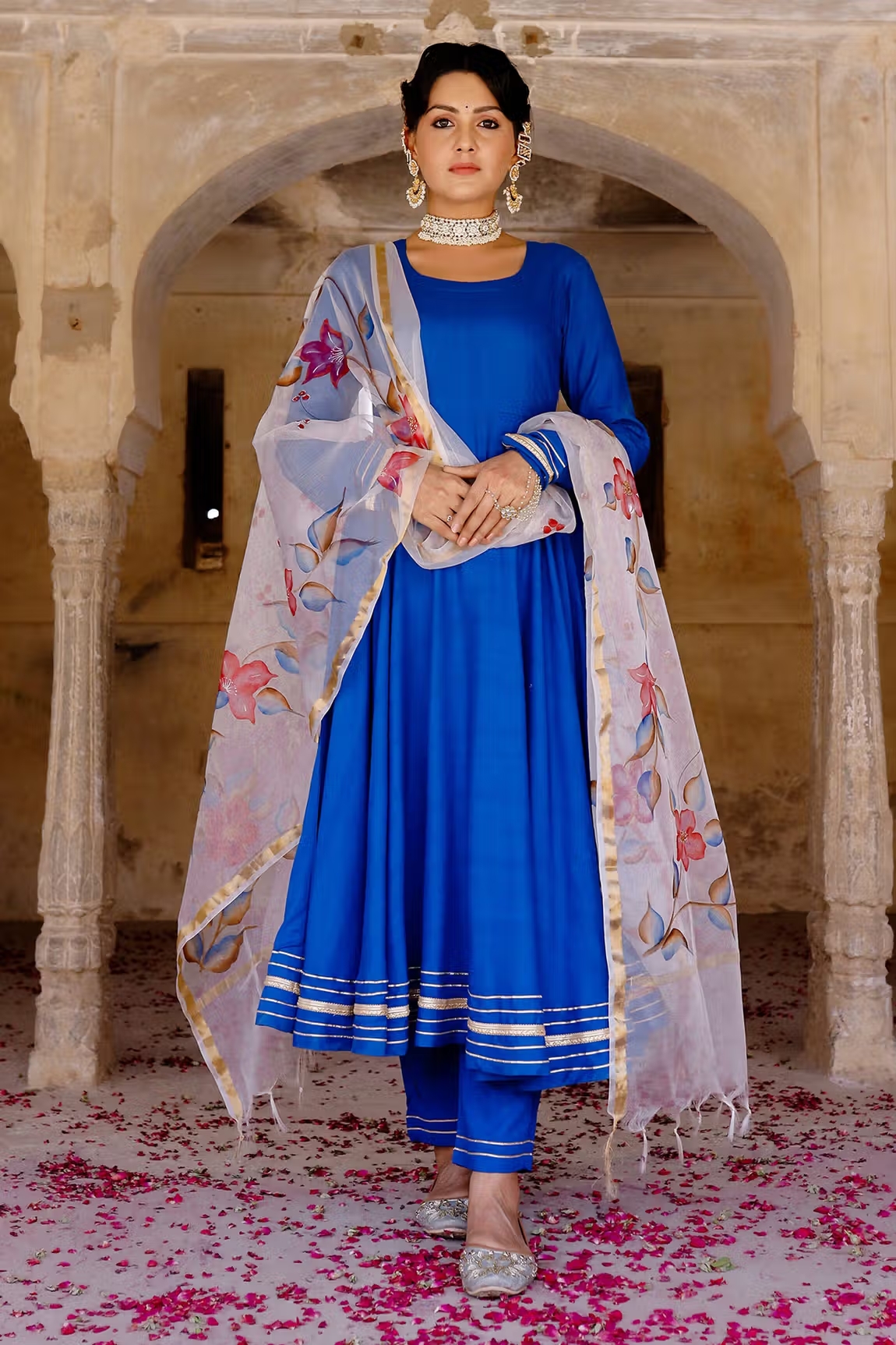 Blue-Cotton-Slub-Gota-Embellished-Anarkali-Set