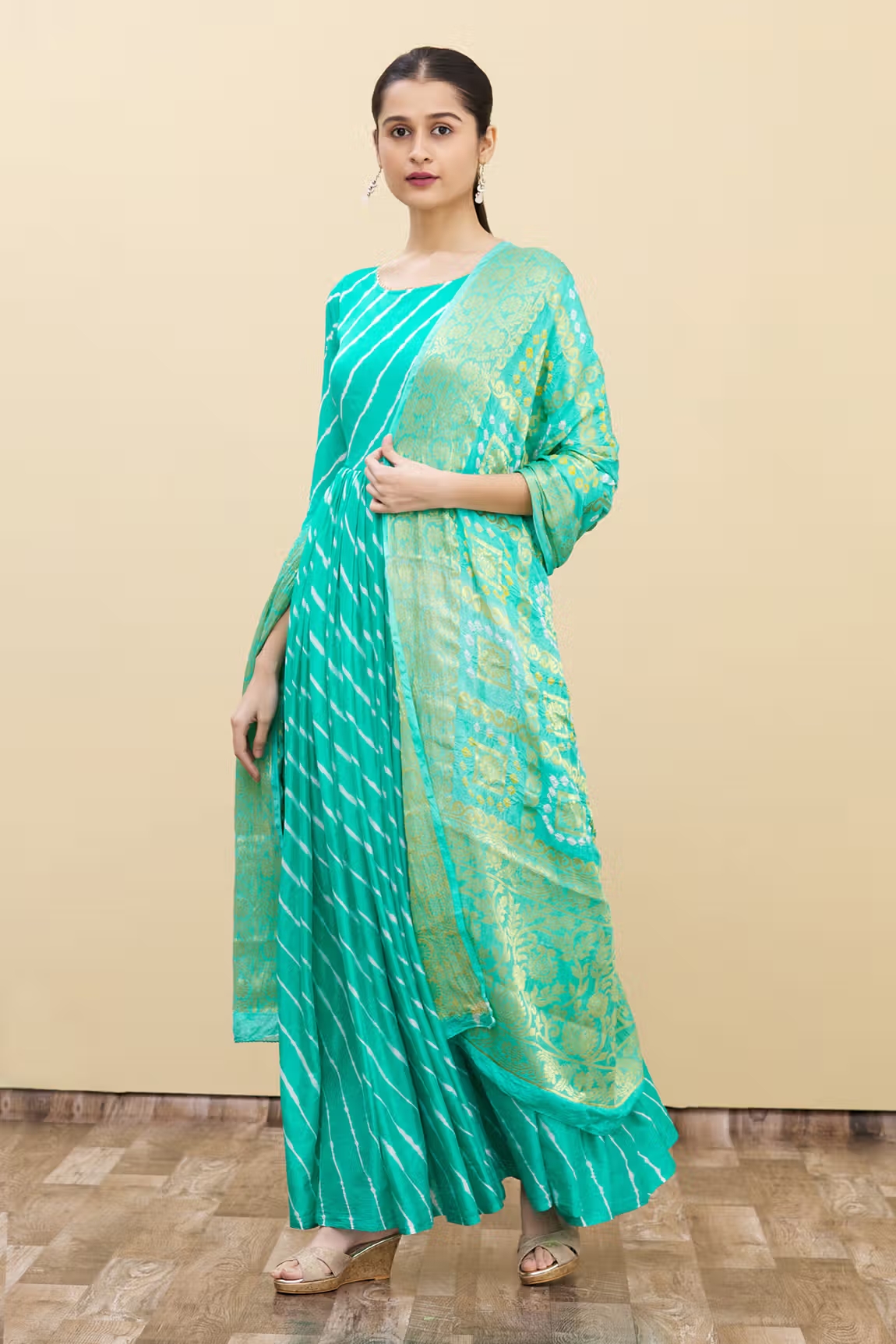 Blue-Upada-Silk-Leheriya-Anarkali-With-Banarasi-Dupatta