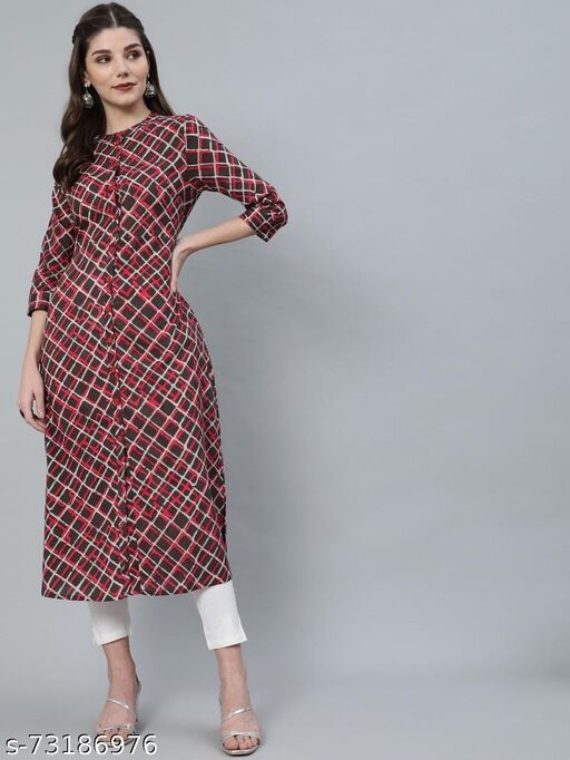 Brown & Red Printed Button Down Kurta