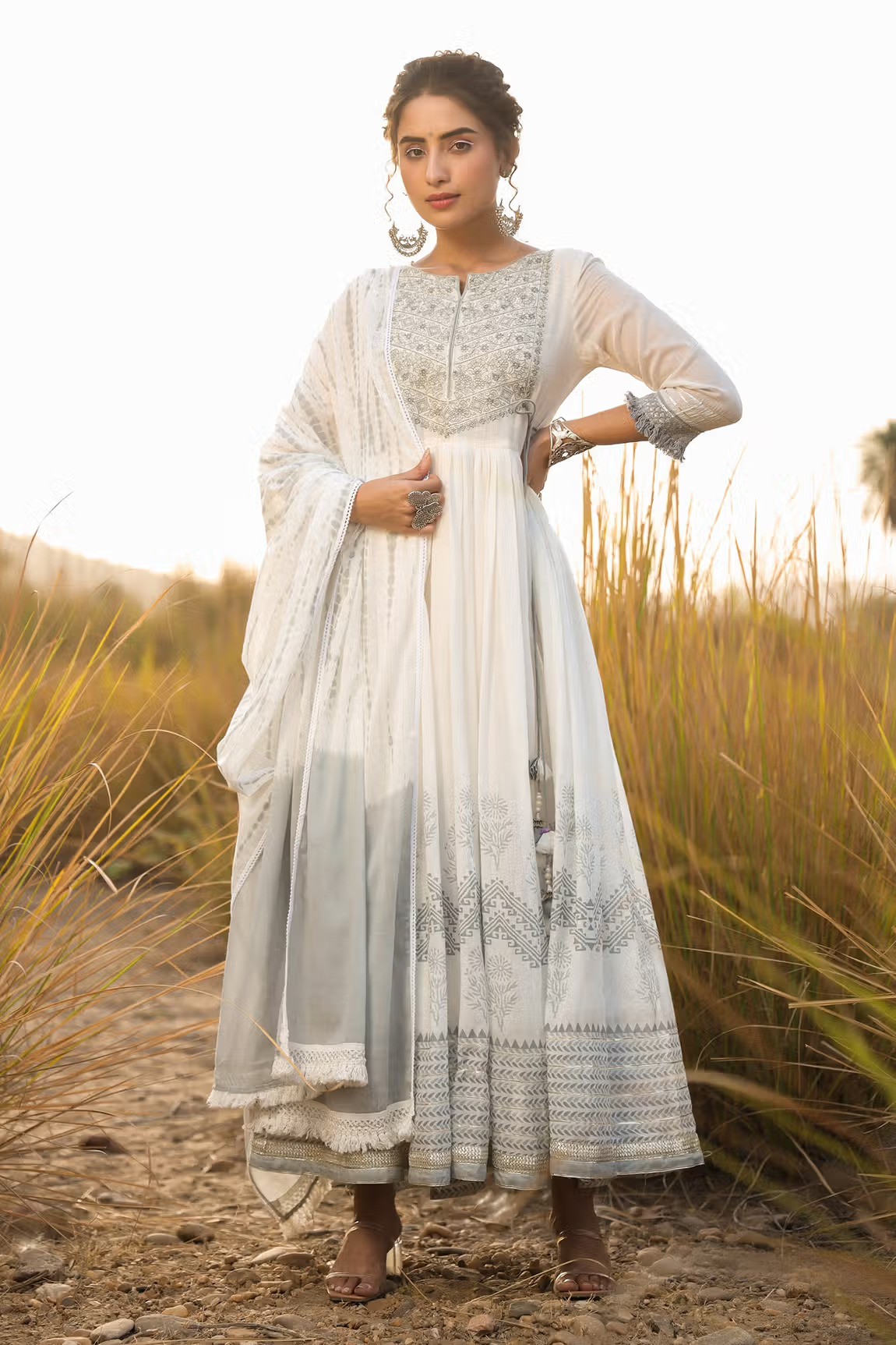 Grey Mulmul Hand Block Print Anarkali With Dupatta