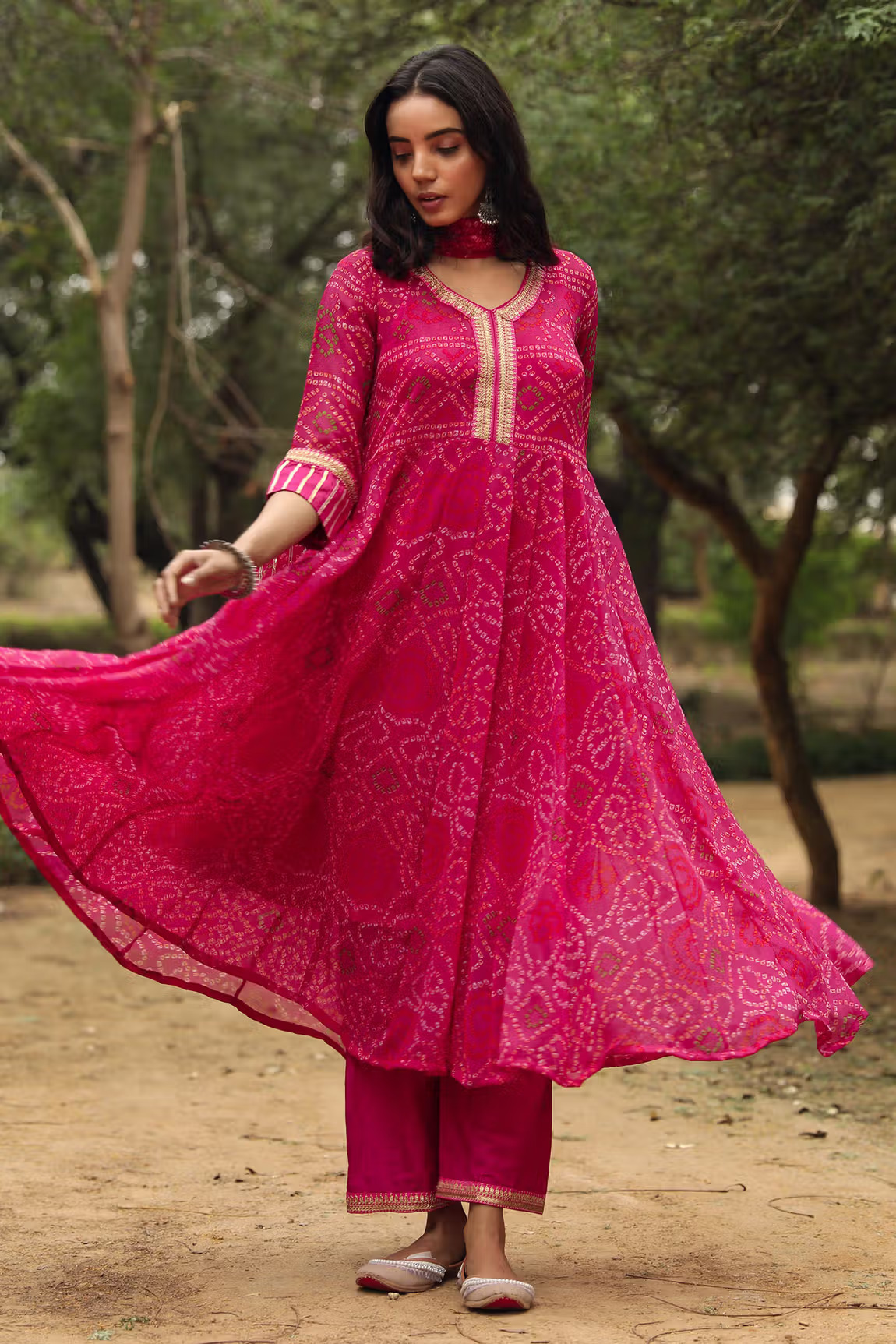 Pink Georgette Bandhani Print Anarkali Set