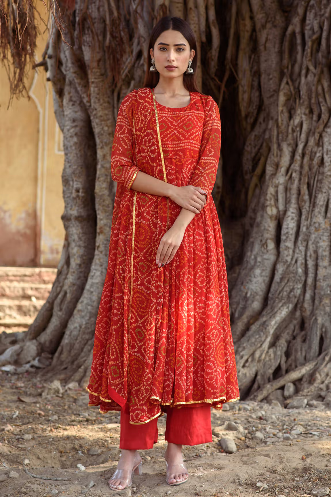 Red Georgette Bandhani Print Anarkali Set