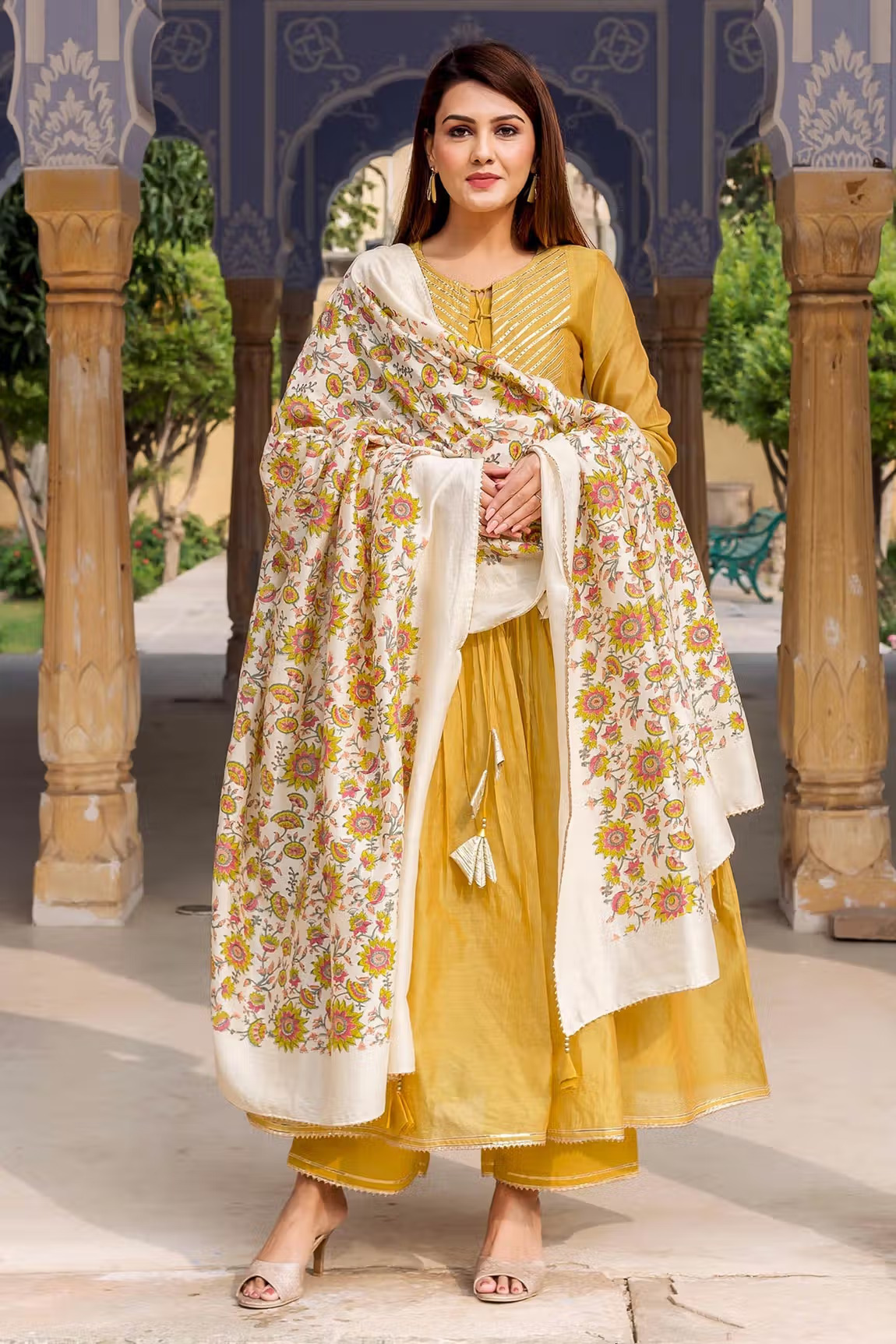 Yellow Chanderi Gota Embroidered Anarkali Set