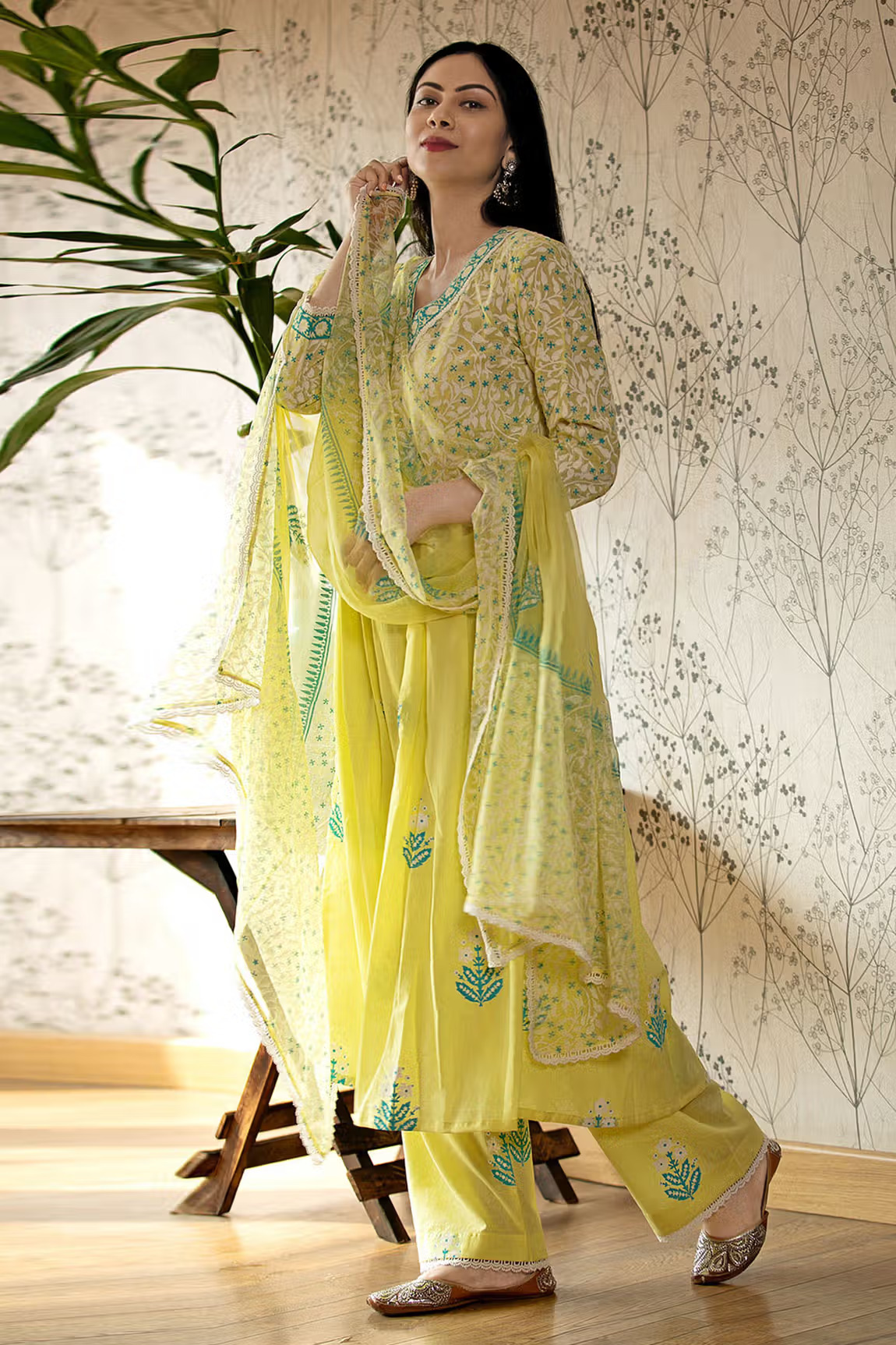 Yellow Chiffon Block Print Flared Kurta Set