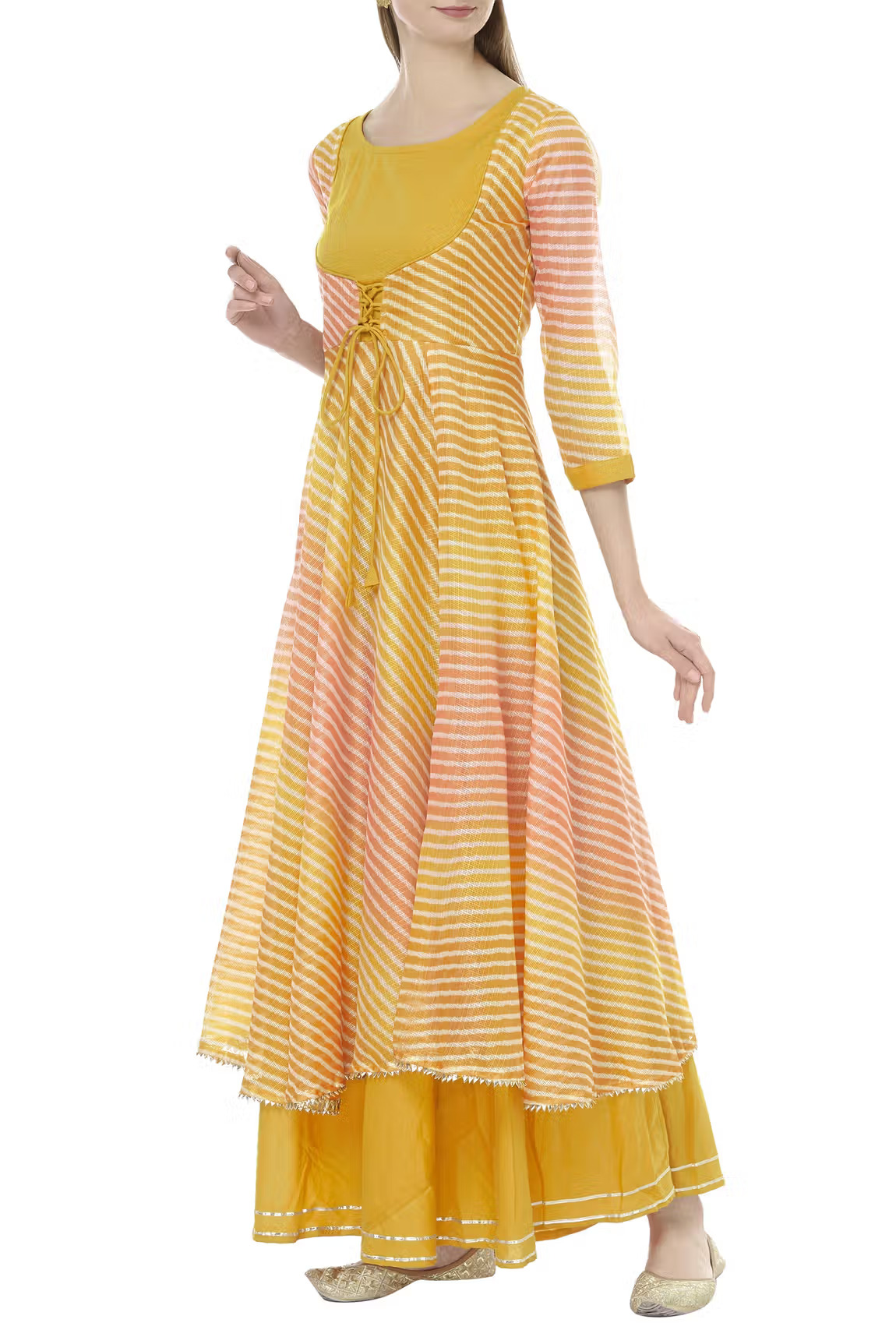 Yellow Cotton Leheriya Layered Anarkali