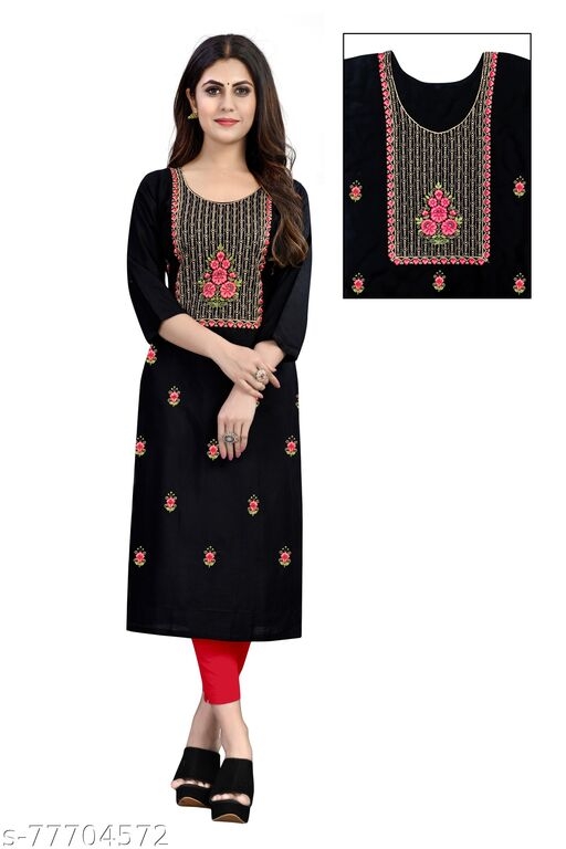 women embrodairy cotton blend stright kurti (Black)
