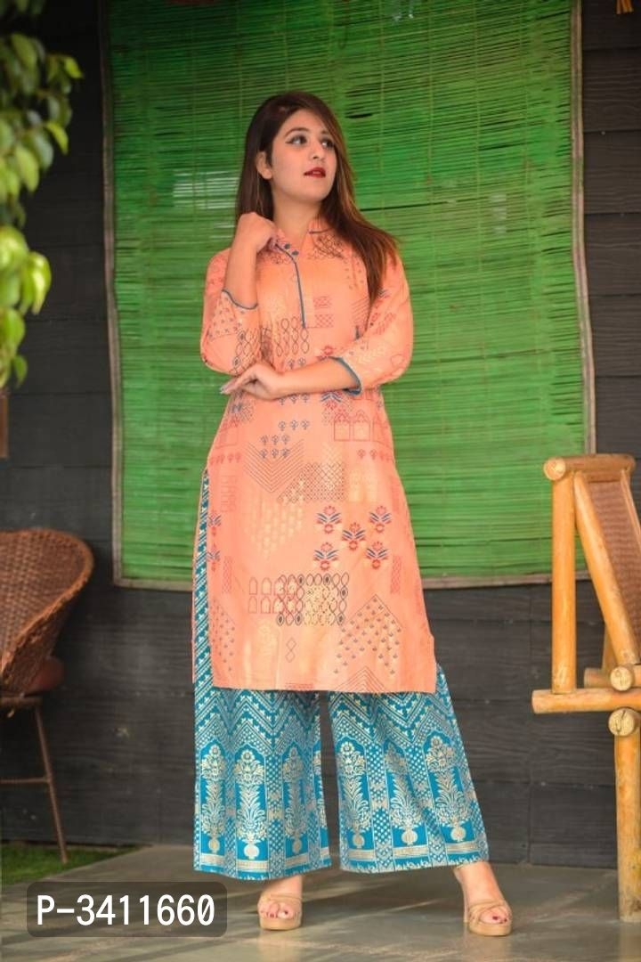 Rayon Gold Printed Kurta With Palazzo Set