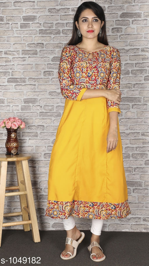 Women Crepe Flared Printed Yellow Kurti