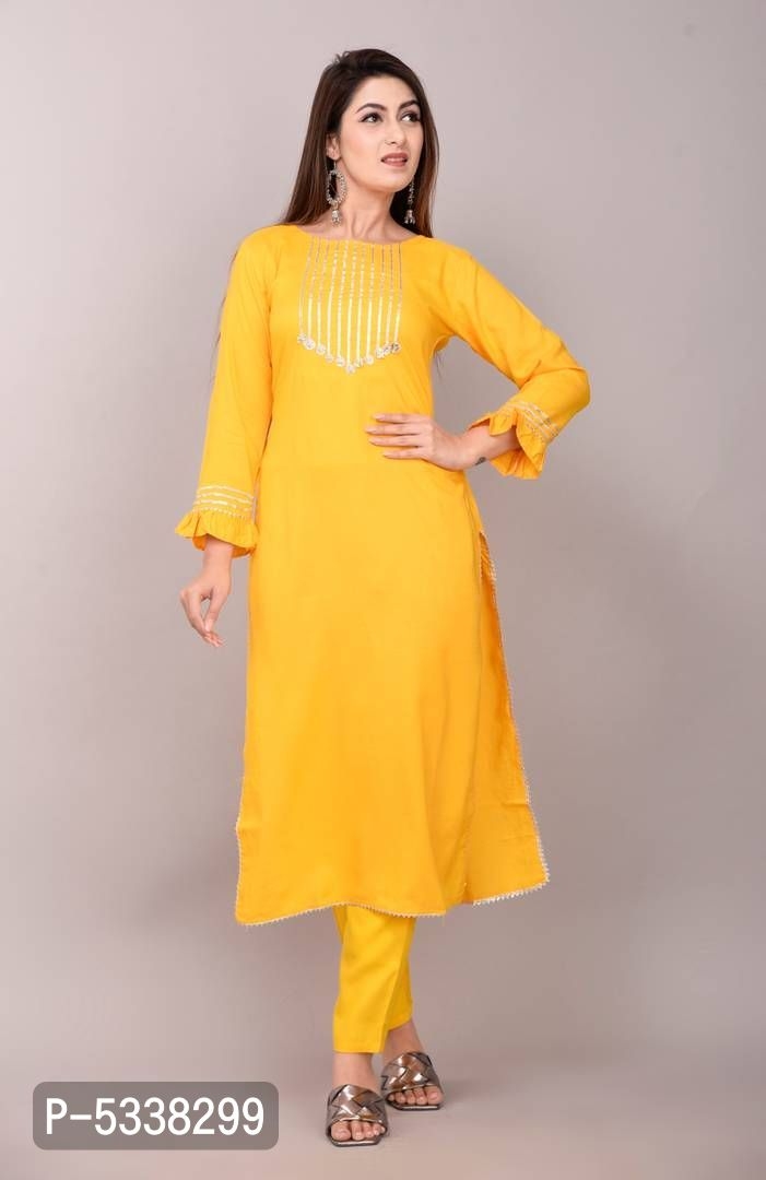 Stunning Yellow Rayon Gota Work Straight Kurta For Women