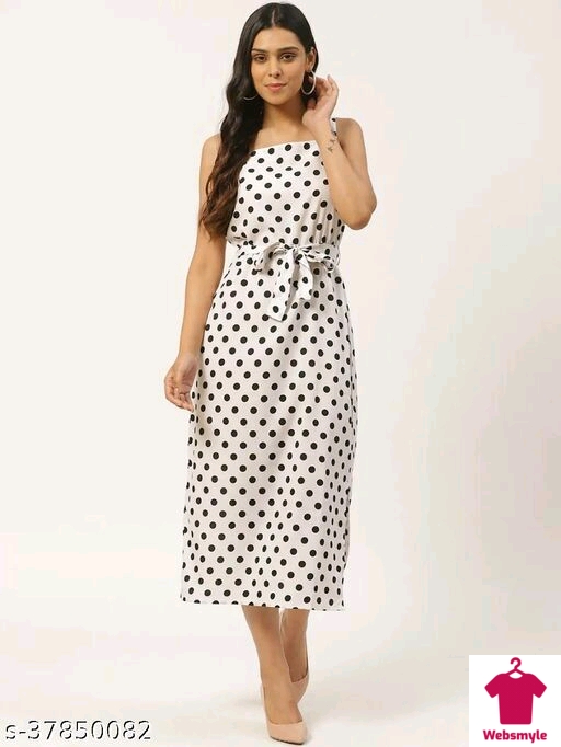 Women White & Black Polka Dot Printed A-Line Dress With Belt