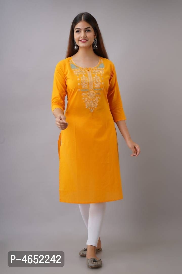Women's Printed Straight Yellow Cotton Kurti