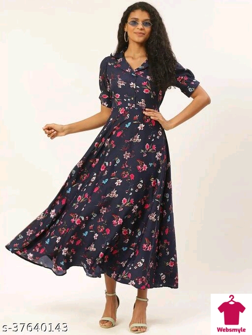 Women Navy Blue & Pink Floral Print Layered Maxi Dress