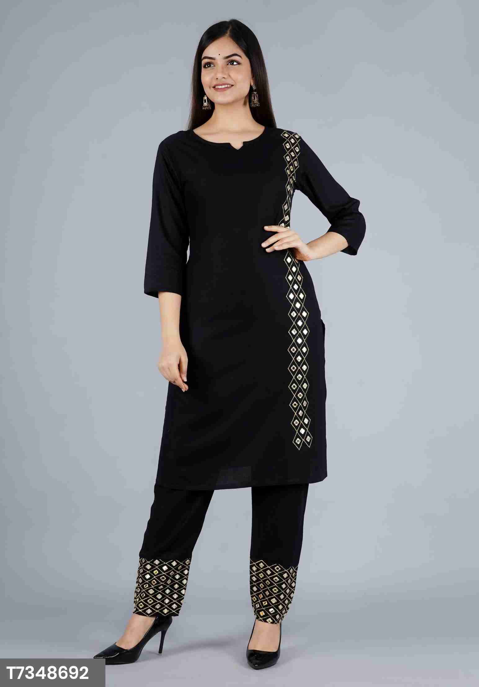 Zeemium New Attractive Black Rayon Mirror Work Kurta With Pant