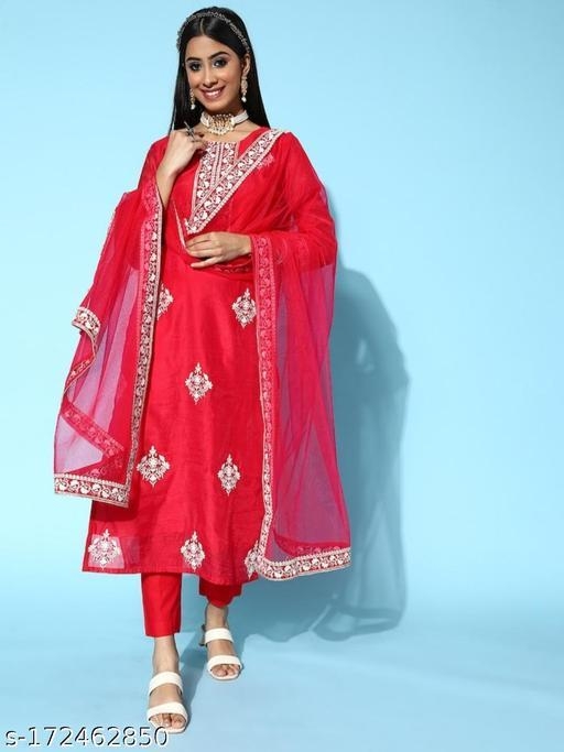 SMC Women red color & White Motifs Embroidered  Kurta with Trousers &  Dupatta Sets