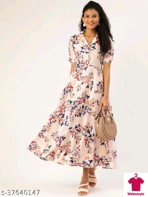 Women Peach Coloured & Blue Floral Printed Tie Up Maxi Dress