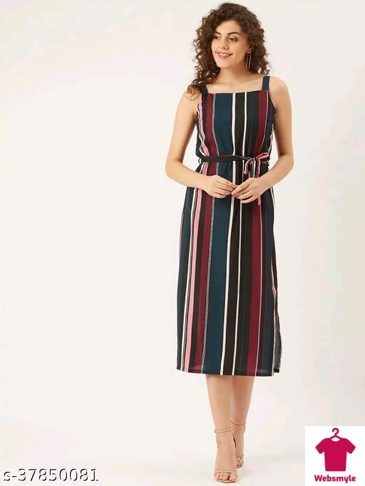 Women Teal Blue & Black Multi Striped A-Line Dress With Belt