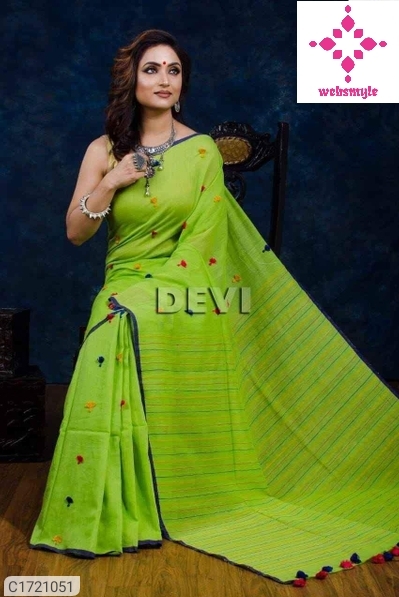 Trendy Thread Work Khadi Cotton Saree With Tassel Border Pallu