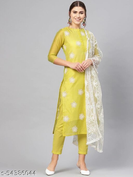GoSriki Yellow Cotton Blend Floral print Kurta Bottom with dupatta (WHITE-SHOW)