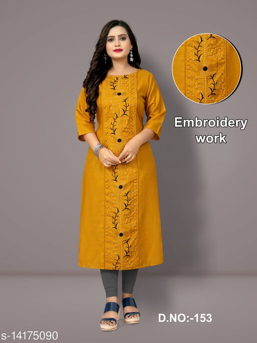 Women Cotton Blend Straight Embroidered Mustard Kurti