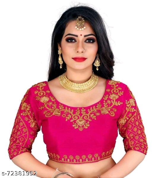 Silk Pink Colour Botanical Aari Work & Embroidered Round Neck Flared Readymede Stiched Women Blouses (Pink)