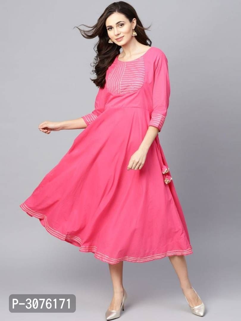 Women's Cotton Pink Solid A-Line Kurti