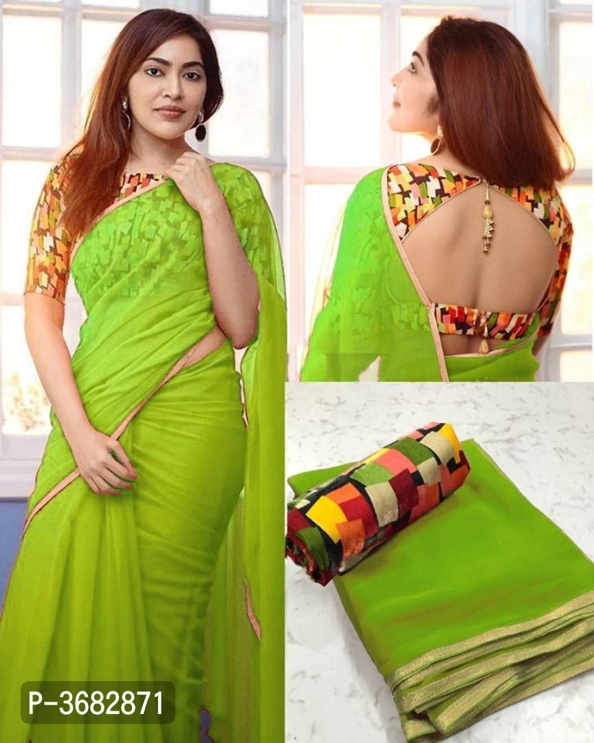Georgette Golden Patti Saree With Printed Blouse
