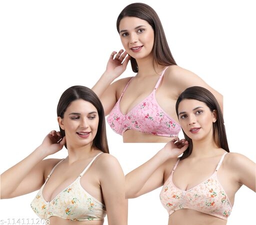 Livenice women girls ladies Padded bra combo bra seamed printed non wired bra in 3 unique colors Lemon, baby pink, peach (Pack of 3)