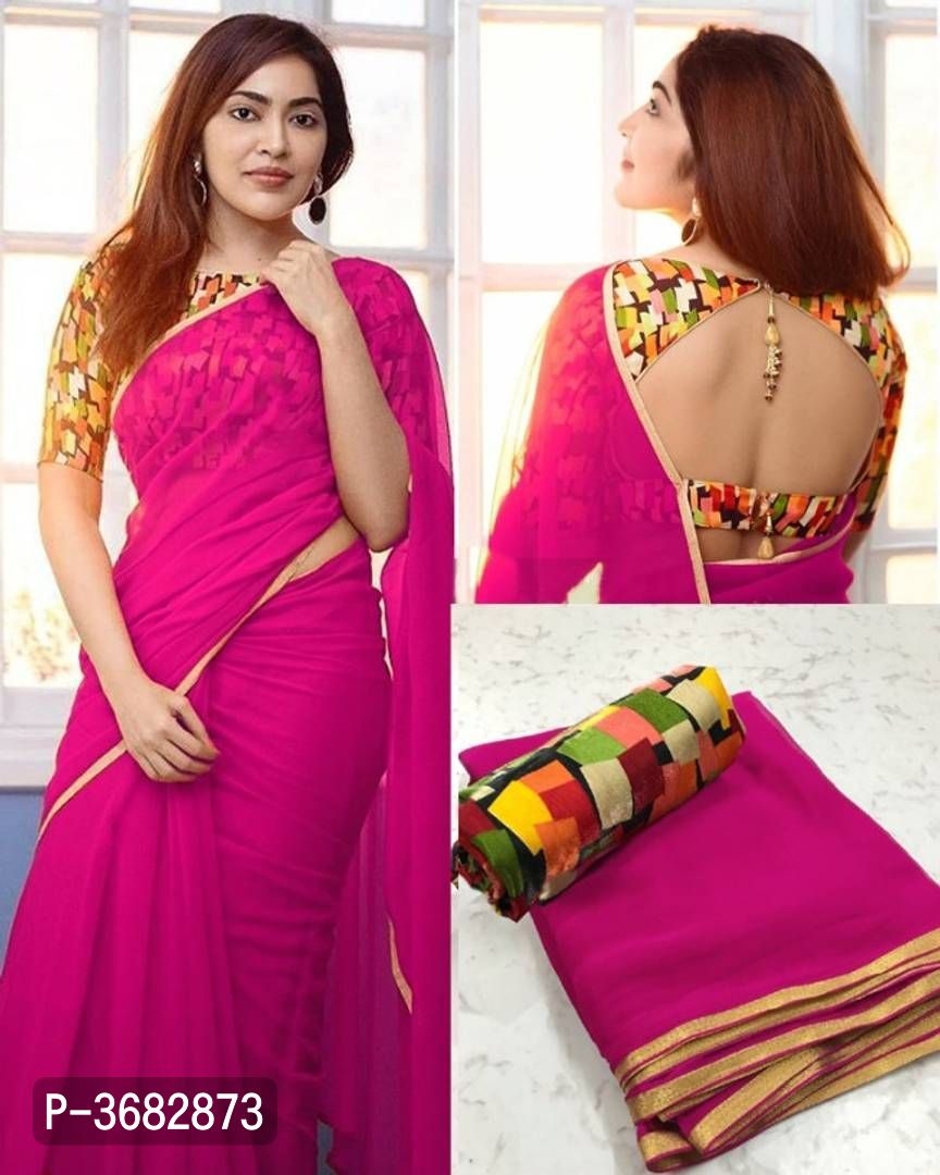 Beautiful Georgette Golden Patti Saree With Printed Blouse piece