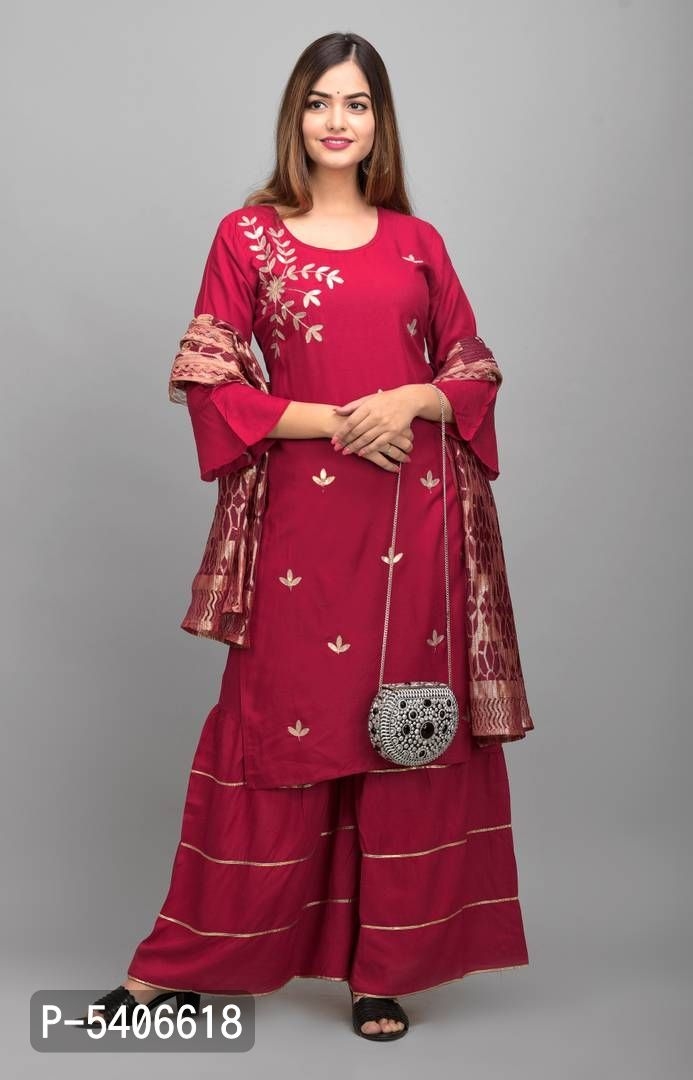 Women Rayon Gotta Work Red Kurta Sharara With Dupatta Set