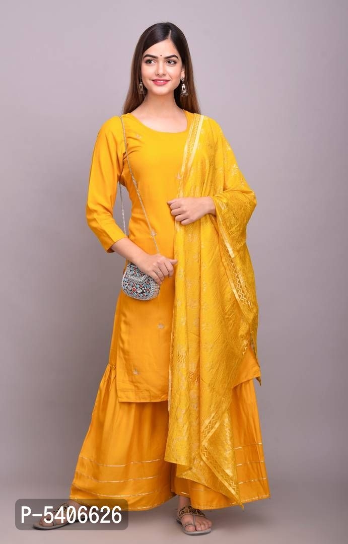 Women Rayon Gotta Work Yellow Kurta Sharara With Dupatta Set