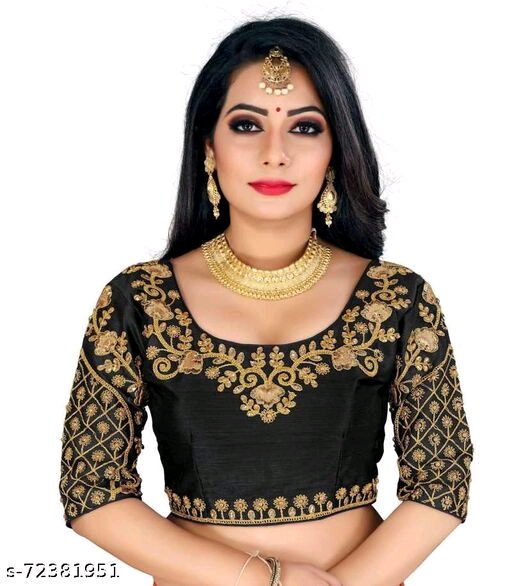 Silk  Black Colour Botanical Aari Work & Embroidered Round Neck Flared Readymede Stiched Women Blouses (Black)