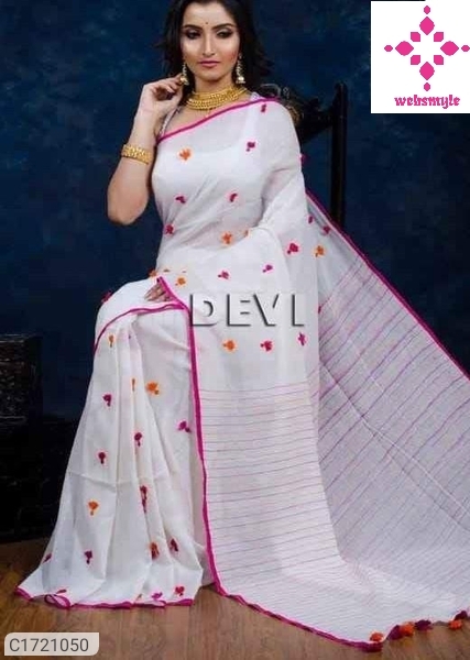 Trendy Thread Work Khadi Cotton Saree With Tassel Border Pallu