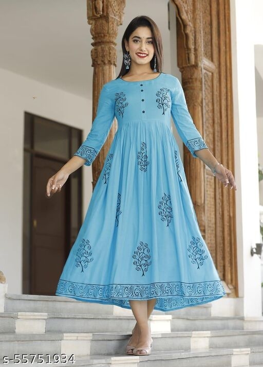 Women Sky Blue & Black Block Print Detail Anarkali Kurti