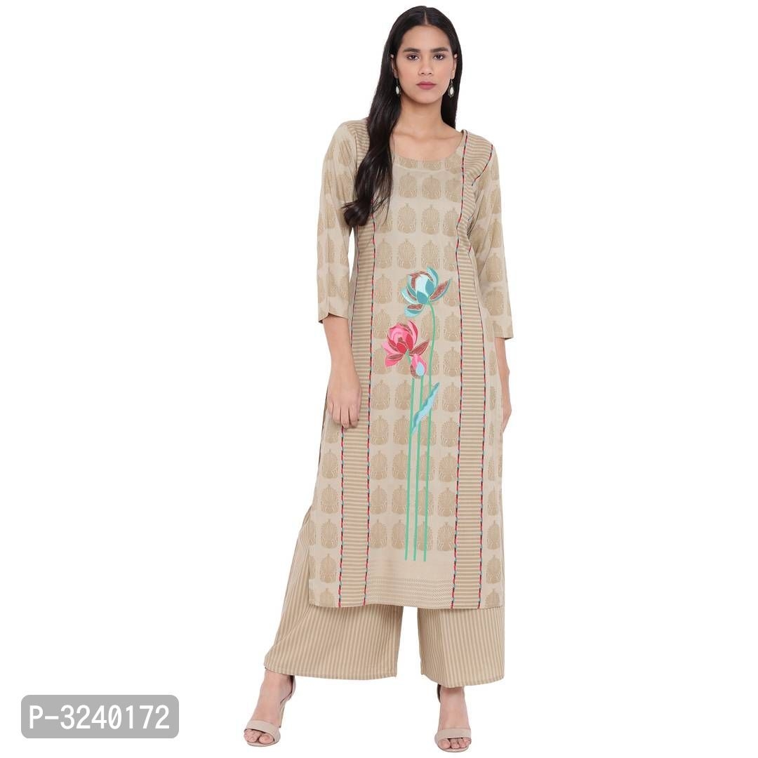 Reliable Beige Printed Rayon Straight Women Kurta Palazzo Set