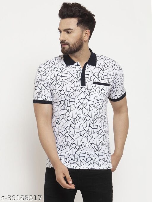 Gents Collar Black Abstract Printed White Tshirt