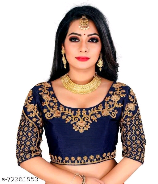 Silk Nevy blue Colour Botanical Aari Work & Embroidered Round Neck Flared Readymede Stiched Women Blouses (Nevy Blue) 