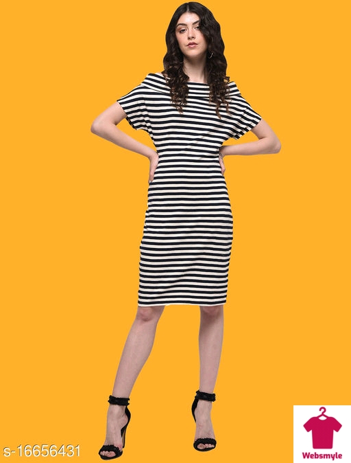 French Fusion Black and White Striped Sheath Dress in Boat Neck Design Made of Cotton Knit