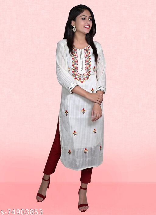 Women's Off White Designer Embroidery Fancy Cotton net Girls Kurti