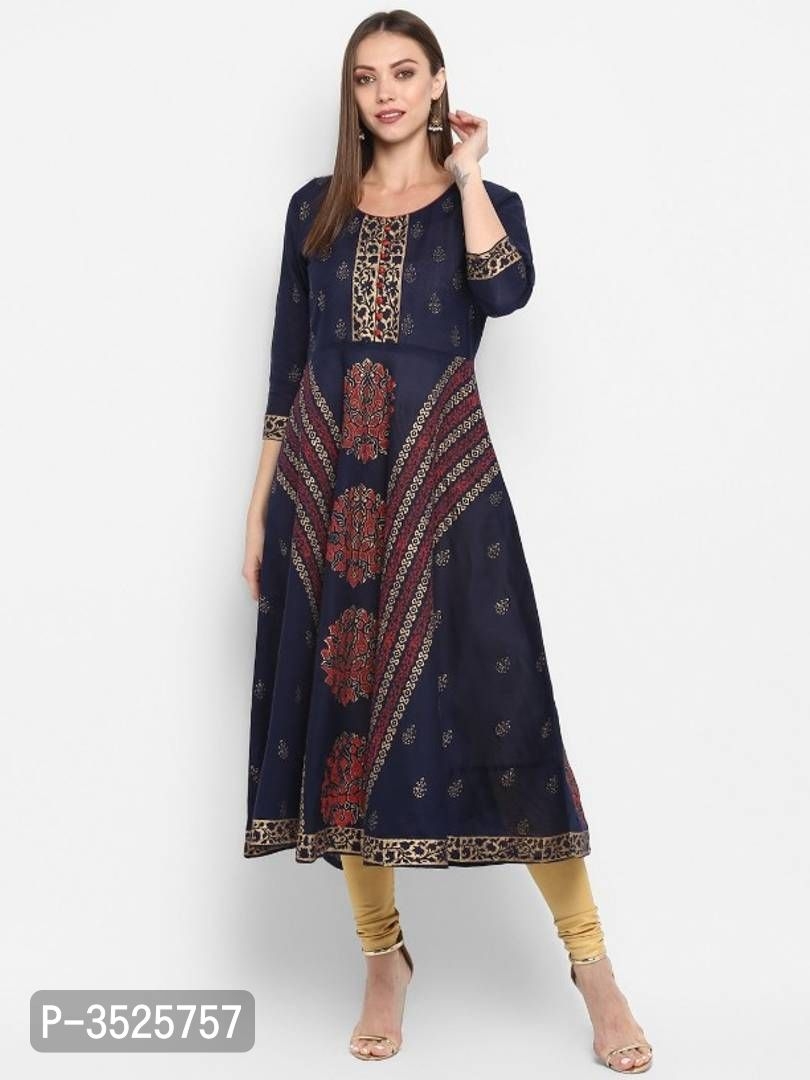 Elegant Navy Blue Cotton Block Printed Anarkali Kurta