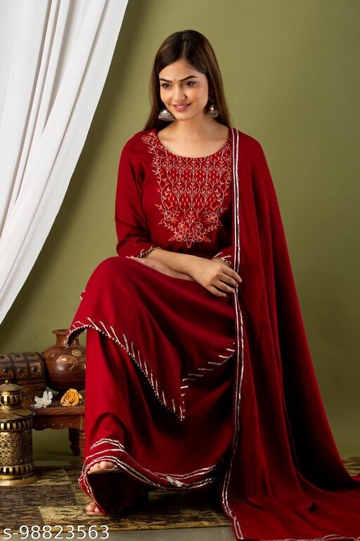 WOMEN'S PARTY WEAR RAYON ZARI EMBROIDERY KURTA WITH LESH WORK SKIRT DUPATA SET