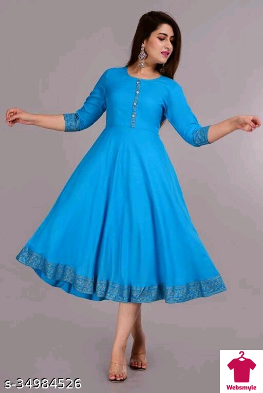 Women Solid Rayon Flared Kurta  (Blue)