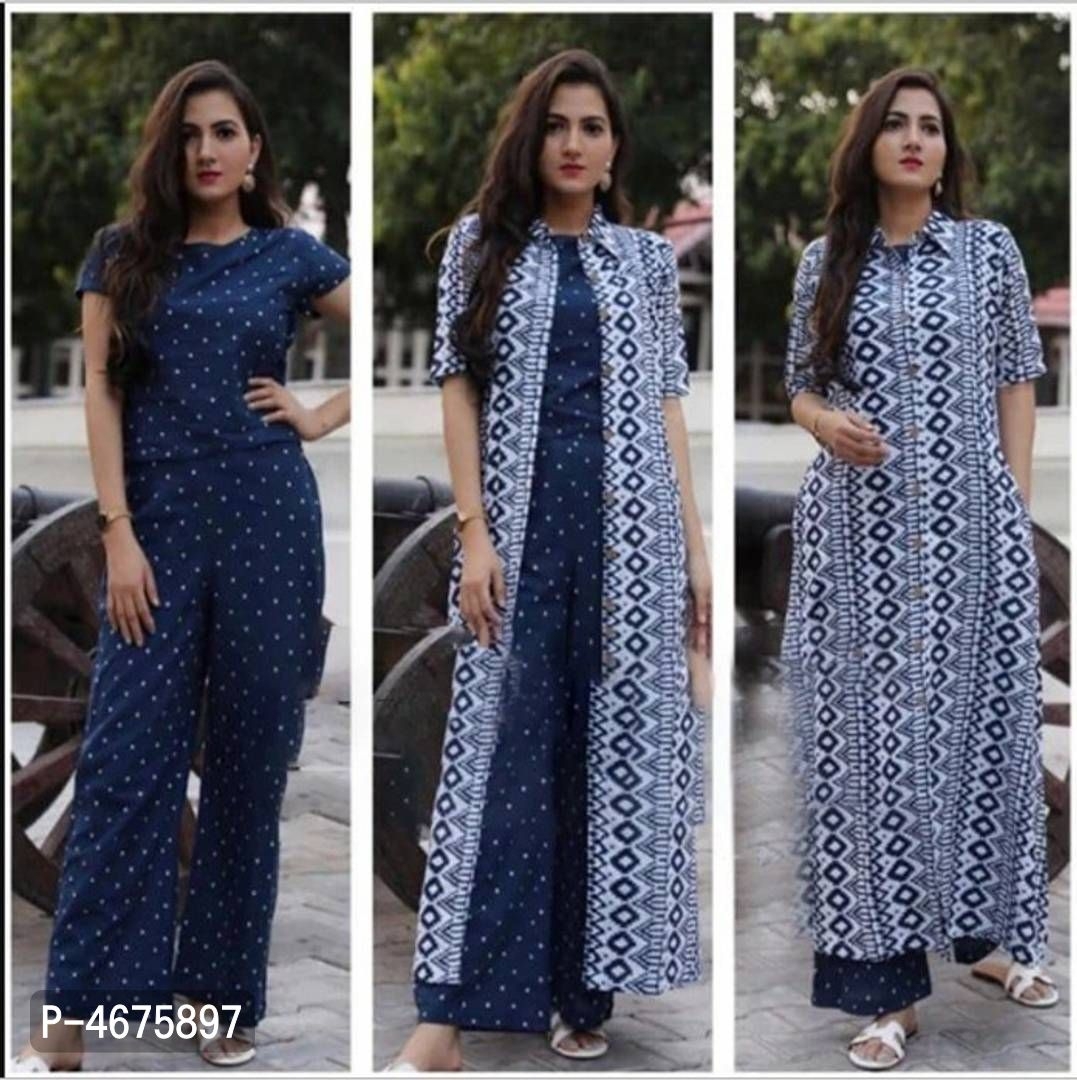  Rayon Solid Short Top Palazzo with Printed Shrug