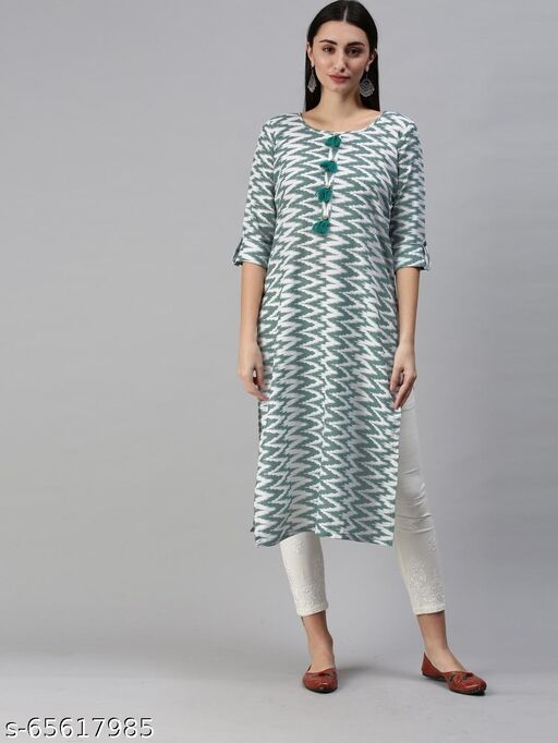 Shewill Green Geometric Ikat Printed Roll Up Sleeve Cotton Straight Kurta