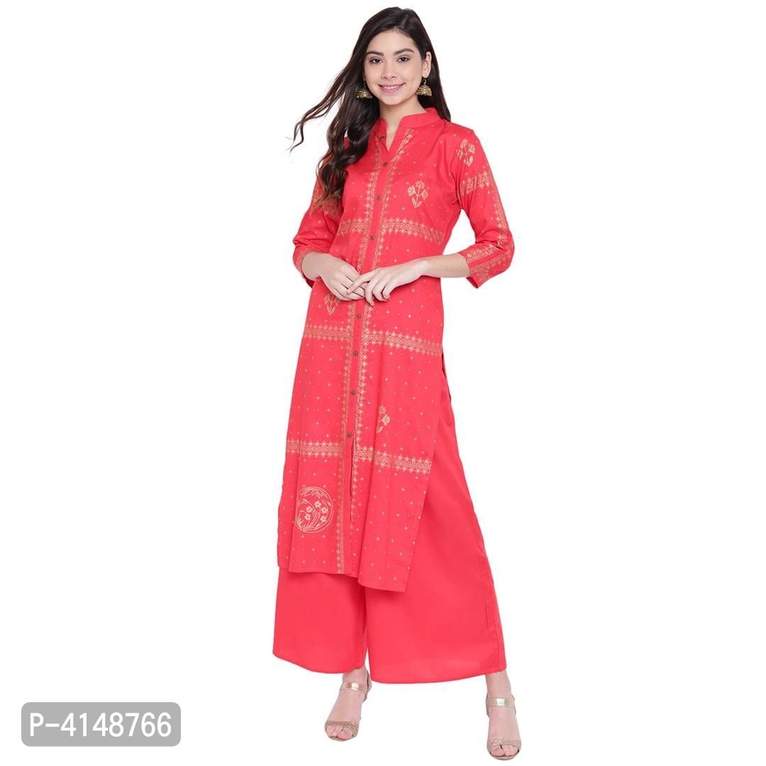 Women's Beautiful Red Rayon Foil Printed Stylish Straight Fit Kurta And Palazzo Set