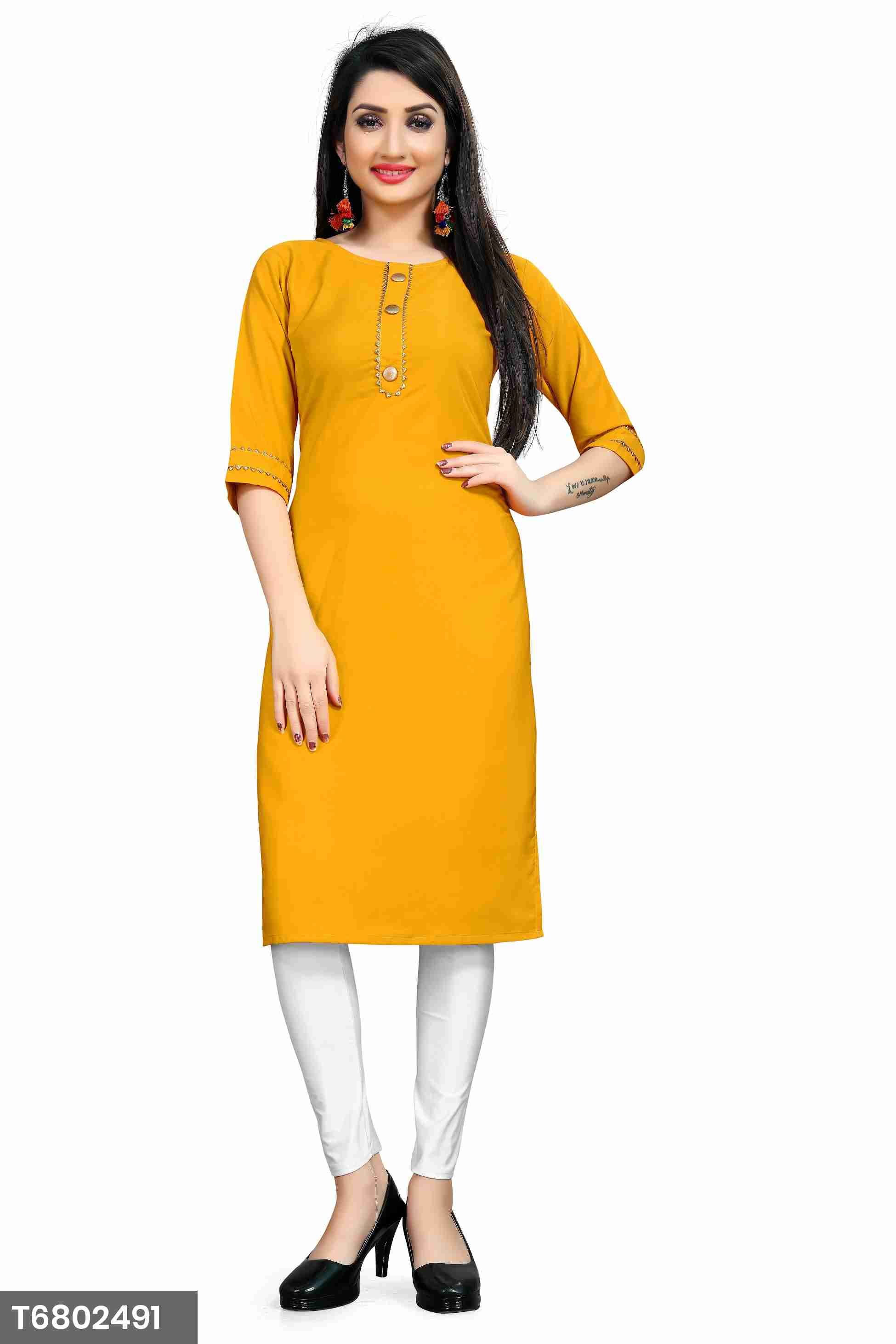 New Arrival Yellow Crep Kurti For Women
