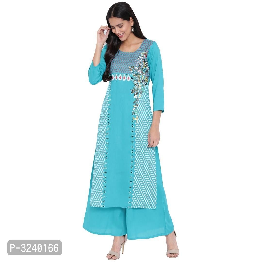 Reliable Turquoise Printed Rayon Straight Women Kurta Palazzo Set