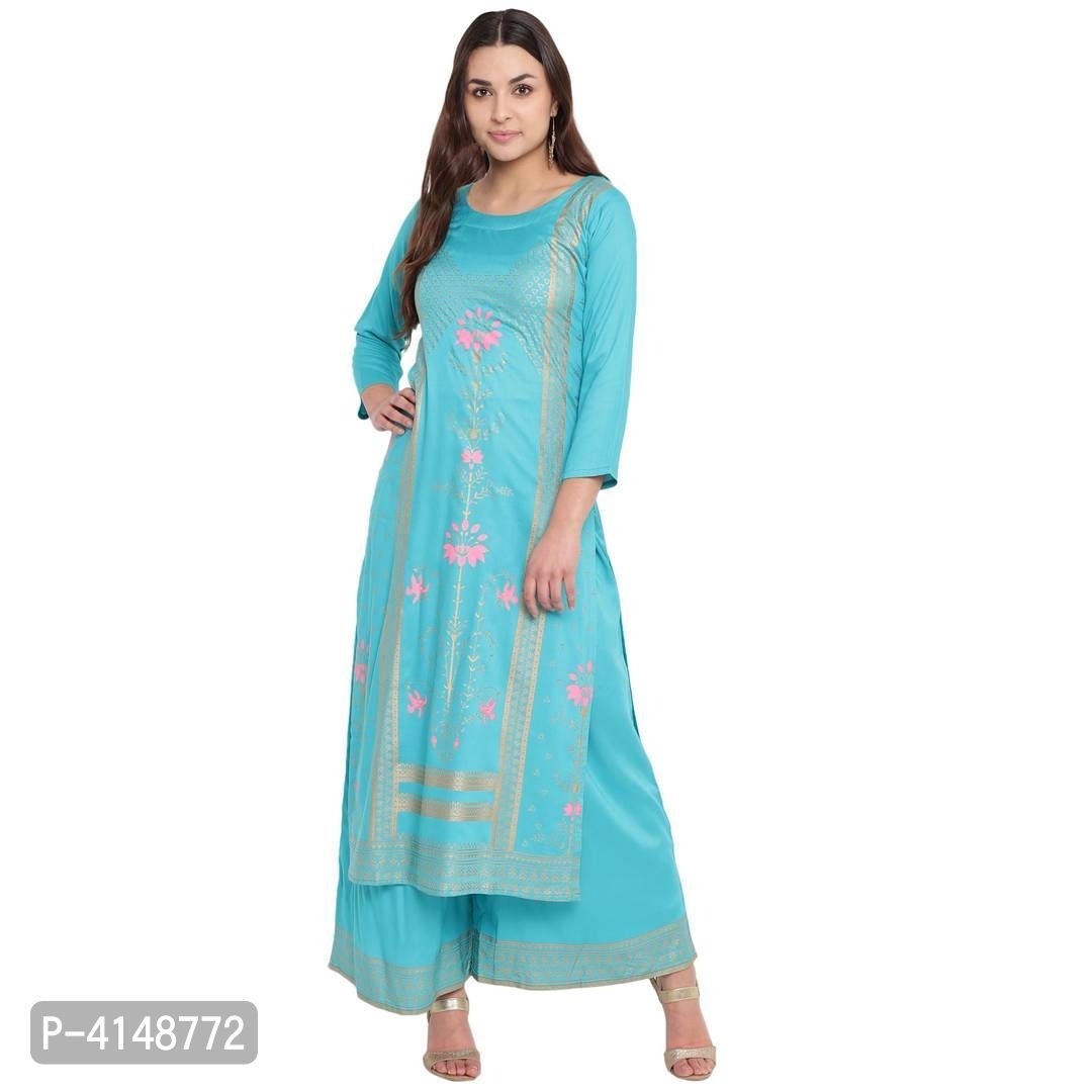 Women's Beautiful Turquoise Rayon Foil Printed Stylish Straight Fit Kurta And Palazzo Set